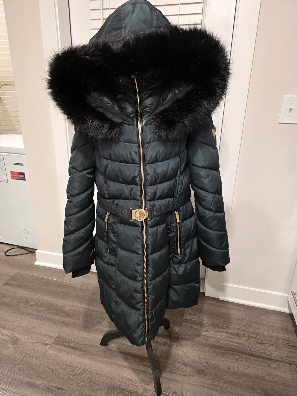 Guess Dark Green Quilted Hooded Puffer Coat with Black Faux Fur